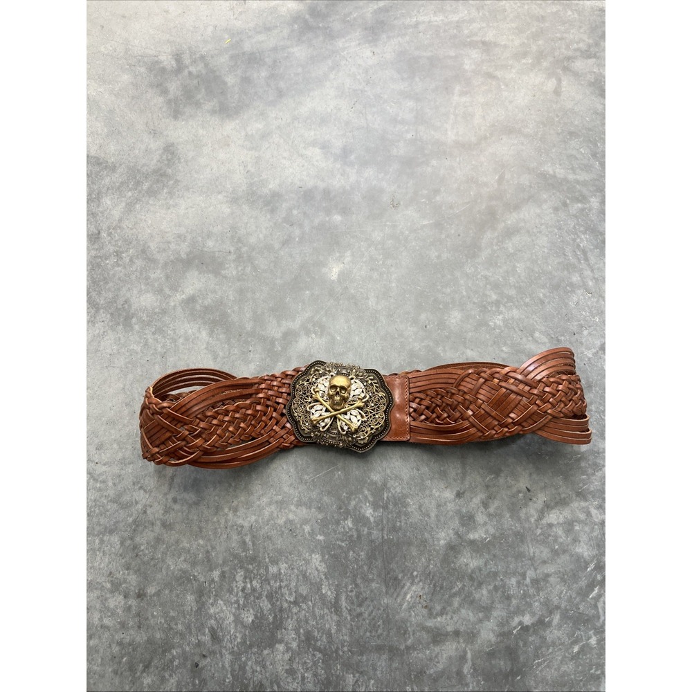 Vintage Skull Buckle Woven Leather Belt Rare Heavy Size 36 Brown
